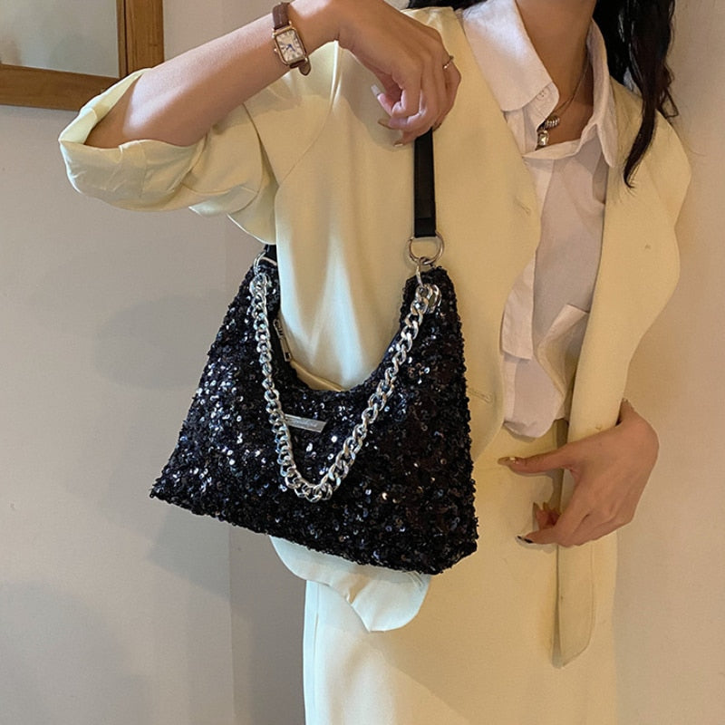 Cyflymder Y2k Fashion Women Shoulder Bag Solid Color Sequin Chain Letter Handbag Korean Style Elegant Fashion Premium Underarm Bag