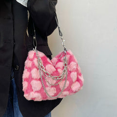 Cyflymder Y2k Hot Girls Pink Love Underarm Bags Soft Plush Heart Pattern Ladies Shoulder Bag Female Chain Furry Crossbody Bag Handbags