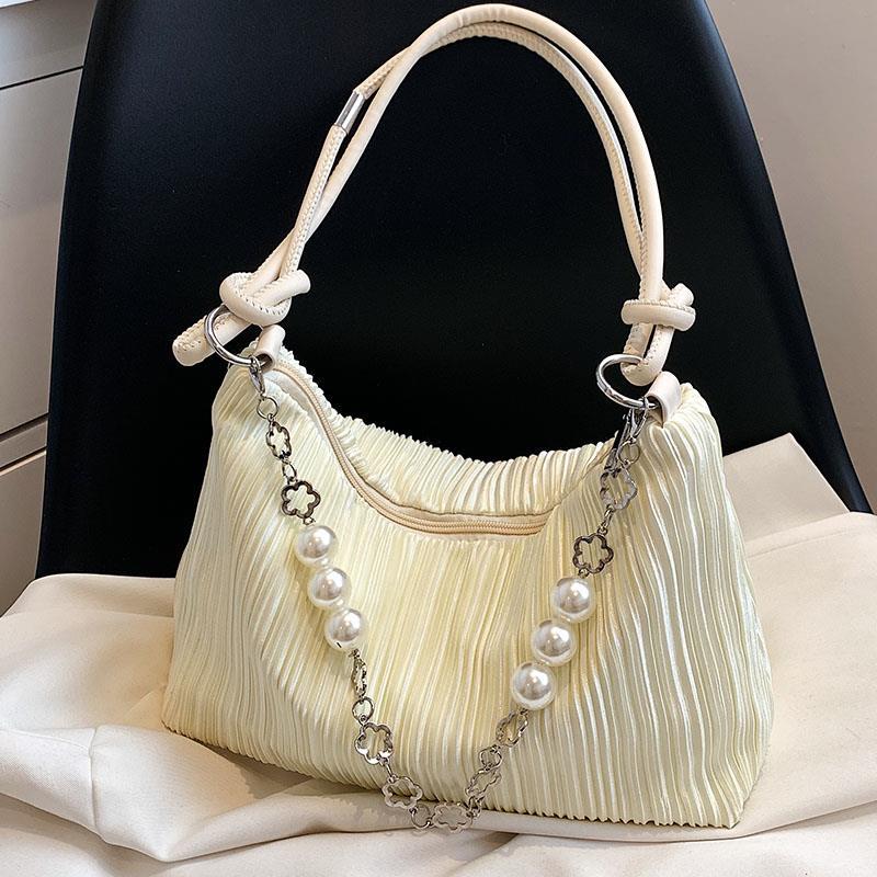 Korean Style Women Shoulder Bag Elegant Solid Colour Pearl Chain Handbag High Quality Cotton Texture Fashion Underarm Bag