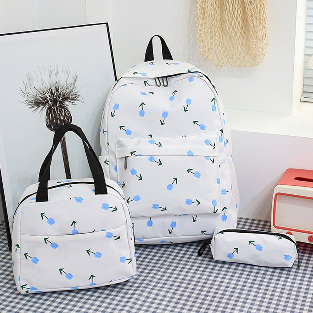 Women Backpack Korea School Bag for Student Teenage Girls Rucksack with Lunch Box Pencil Case Simple Floral Print Book Bags 2023