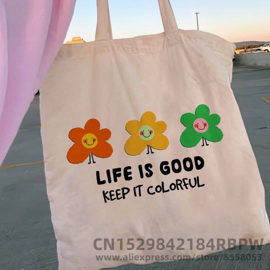 Cyflymder Retro Flower Power Y2K Floral Women Canvas Tote Bag Girl Reusable Shopper Foldable Ecobag Aesthetic Student Book Handbags