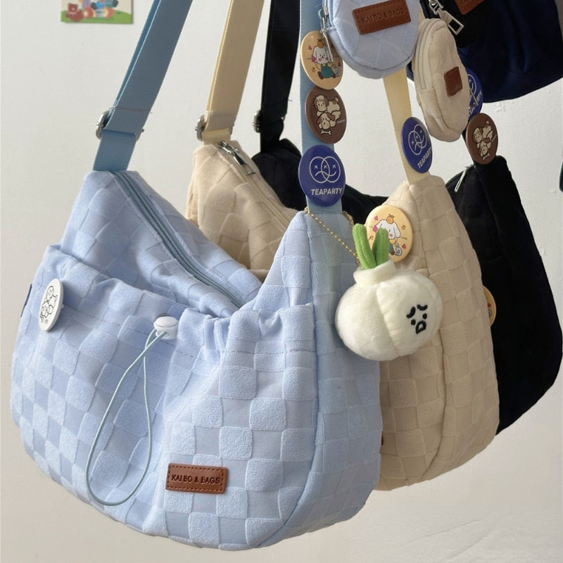 Cyflymder Harajuku Style College Crossbody Bag Solid Color Plaid Print Large Capacity Shoulder Bag New Cute Fashion Designer Handbag