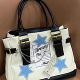 Cyflymder Vintage Shoulder Bag Y2k Star Pattern Letter Designer Tote Bag College Style Student Large Capacity Casual Canvas Handbag