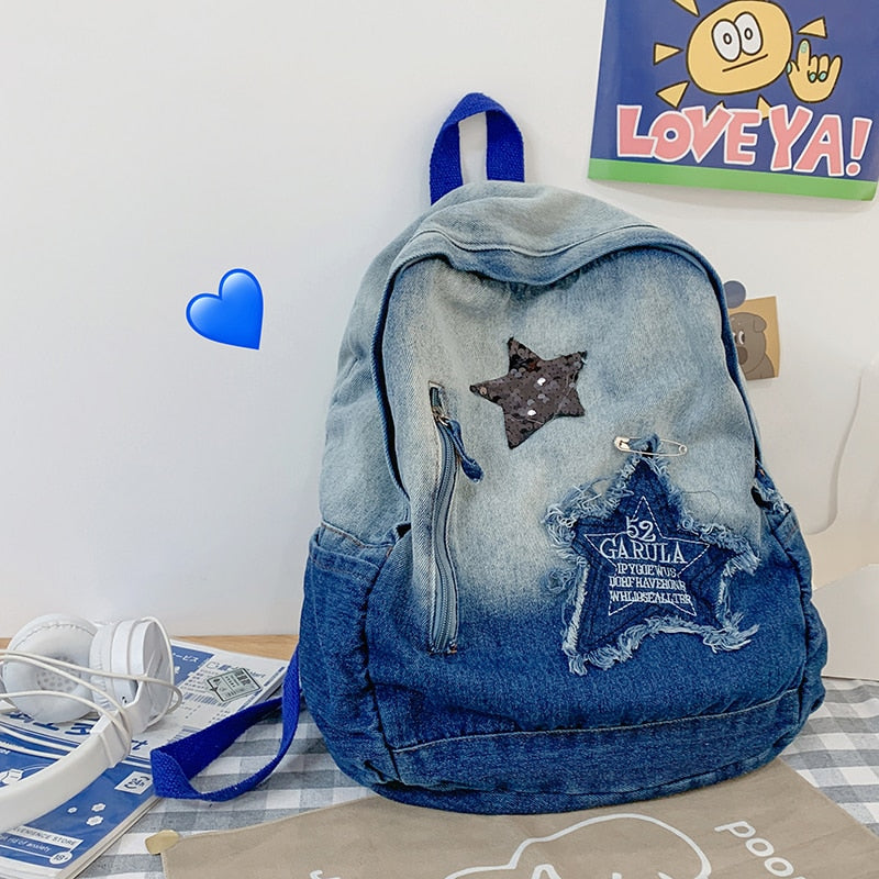 Cyflymder 2023 New Gradient Denim Backpacks 100% Cotton Fashion School Bags For Teenage Girls Cute Canvas Leisure Or Travel Bags For Women