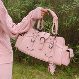 Cyflymder Vintage Biker Shoulder Bag Y2k Hippie American Street Style Heart Rivets Pink Handbag New Advanced Leather Designer Bags