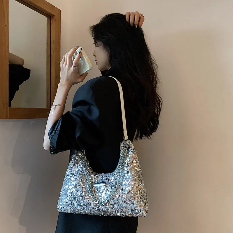 Cyflymder Y2k Fashion Women Shoulder Bag Solid Color Sequin Chain Letter Handbag Korean Style Elegant Fashion Premium Underarm Bag
