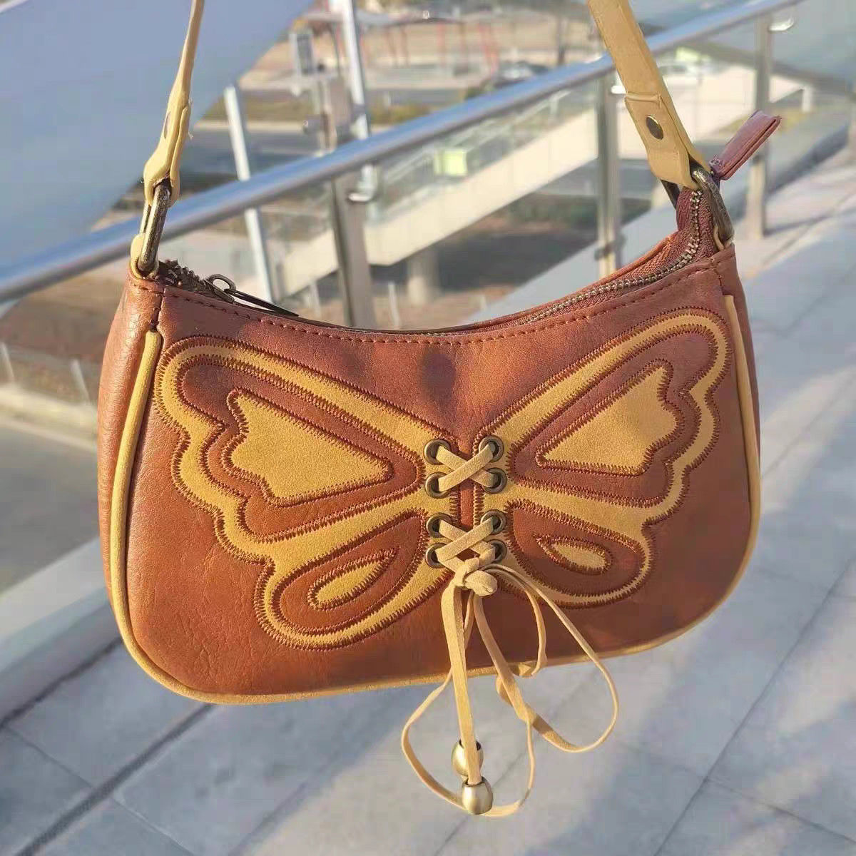 Cyflymder Vintage Design Women's Small Shoulder Bag Brown Butterfly Embroidery Female Underarm Bags Trendy Cool Girls Hobos Purse Handbags