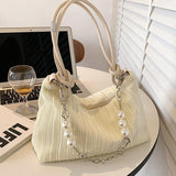Korean Style Women Shoulder Bag Elegant Solid Colour Pearl Chain Handbag High Quality Cotton Texture Fashion Underarm Bag