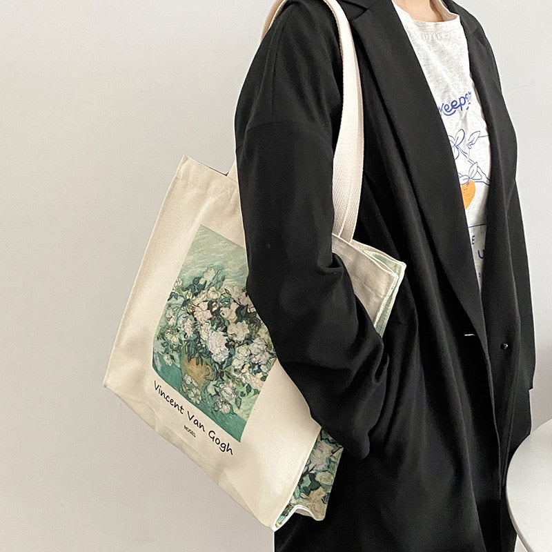 Cyflymder Extra Thick Canvas Female Shoulder Bag Van Gogh Morris Vintage Oil Painting Zipper Books Handbag Large Tote For Women Shopping