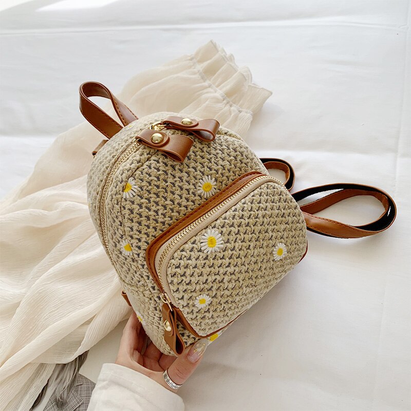 Women's Khaki Straw Backpack Bohemia Summer Bag for Travelling