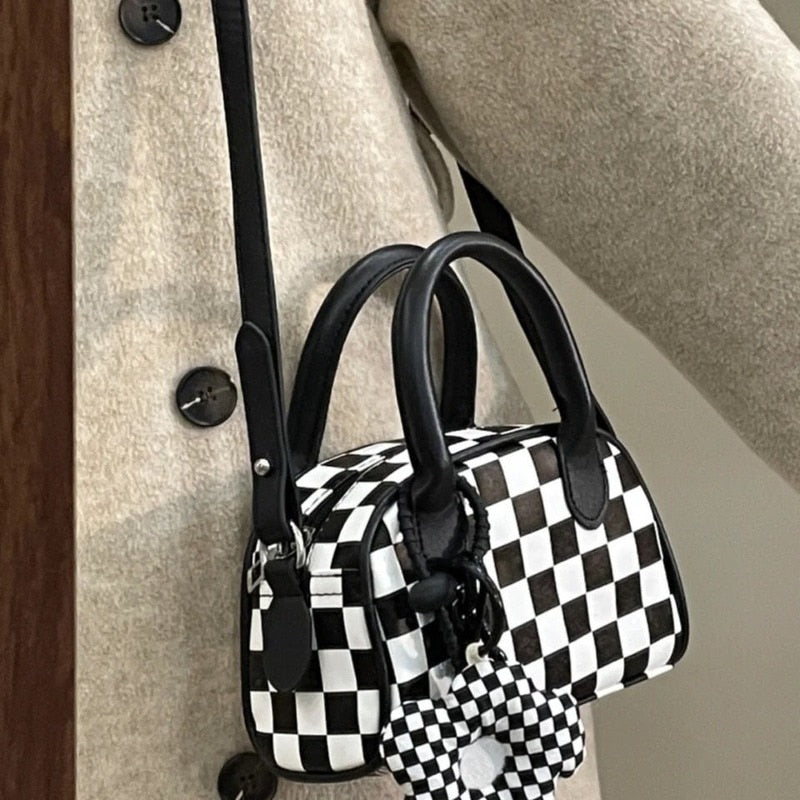 Cyflymder Black White Plaid Boston Bag Checkerboard Small Handbags For Women With Flower Pendant Messenger Bag Female Womens Pouch