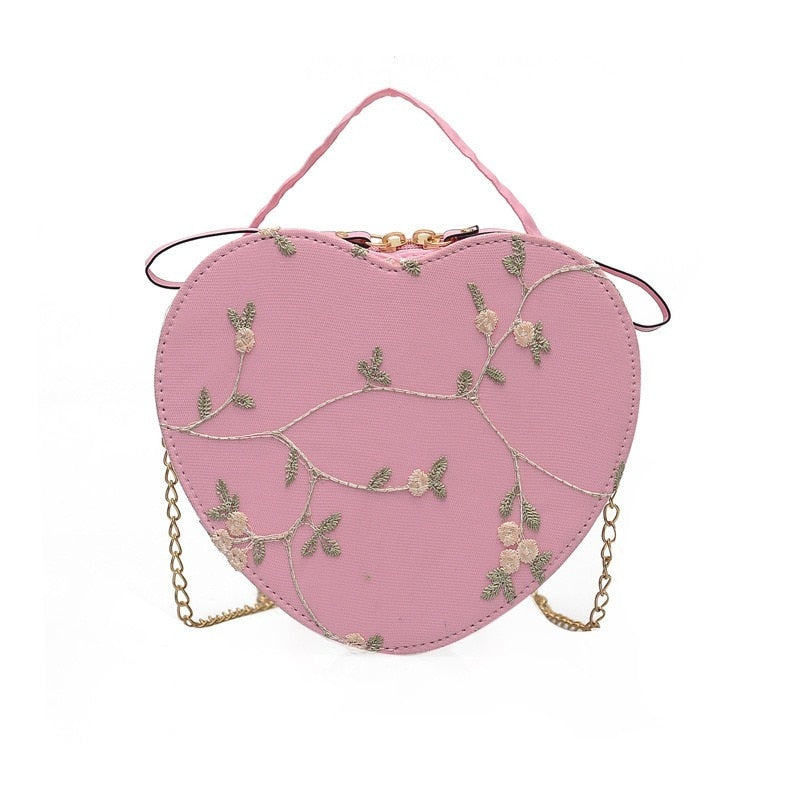 Cyflymder Female Sweet Lace Heart Round Handbags High Quality PU Leather Cross Body Bags for Women Small Fresh Flower Chain Shoulder Bags