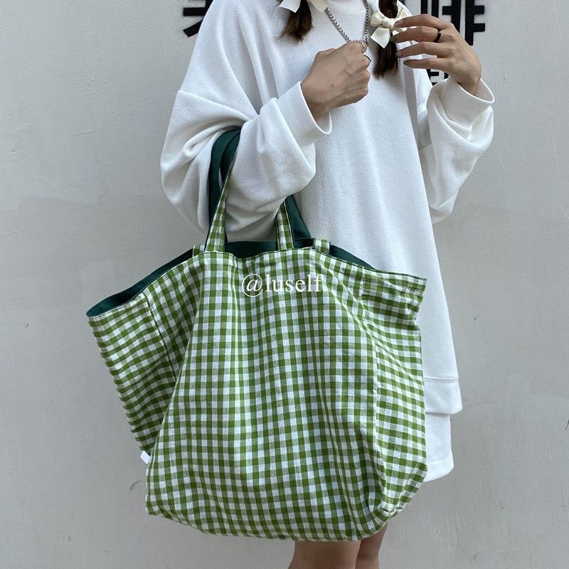 Cyflymder Women Plaid Shopping Bags Double-side Shoulder Large Capacity Tote Preppy Style Student All-match Canvas Bag Mori-girl Portable