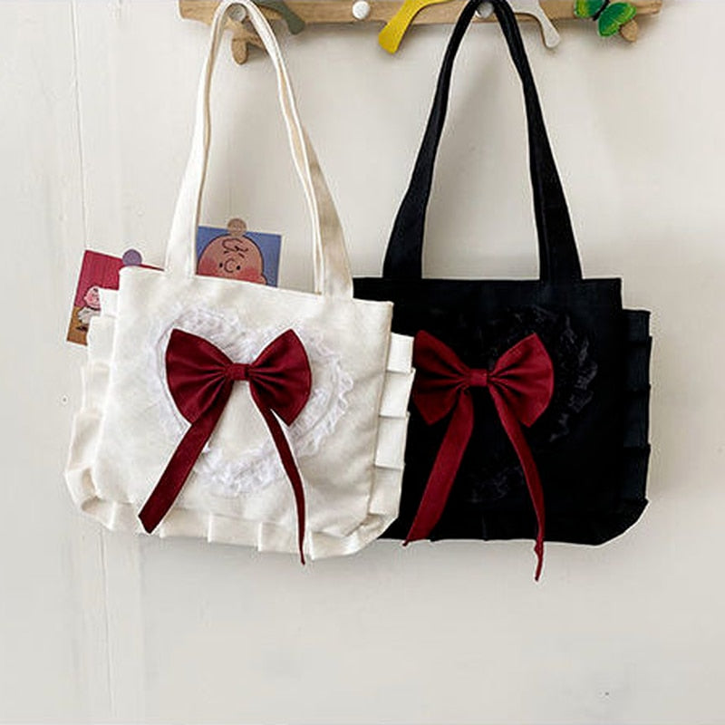 Cyflymder Harajuku Shoulder Bag Women Cute Japanese JK Lolita Style Bow Ruffles Canvas Bag Big Shopper With Zipper Woman Purse