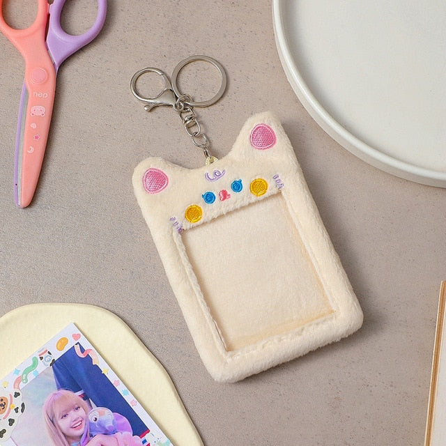 Cyflymder Korea Cute Bear Rabbit Plush Photocard Holder Kawaii Kpop Idol Photo Sleeve Case ID Card Cover With Keychain Bag Pendant Decor