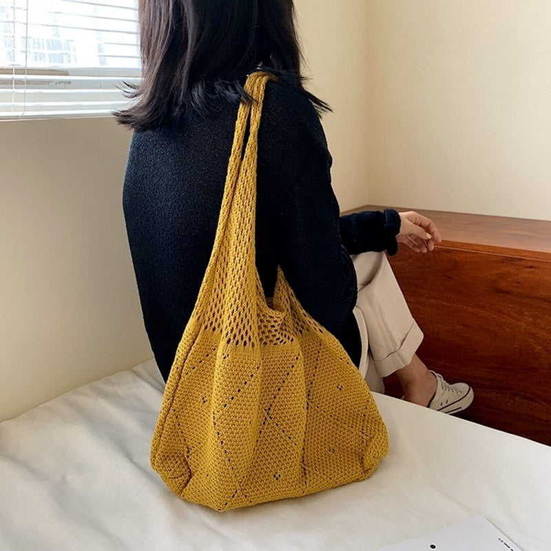 Cyflymder Handmade Lady Retro Chic Crochet Handbag Korean Fashion Knitted Braid Hollow Black Yellow Top-handle Tote Bag shopper sac