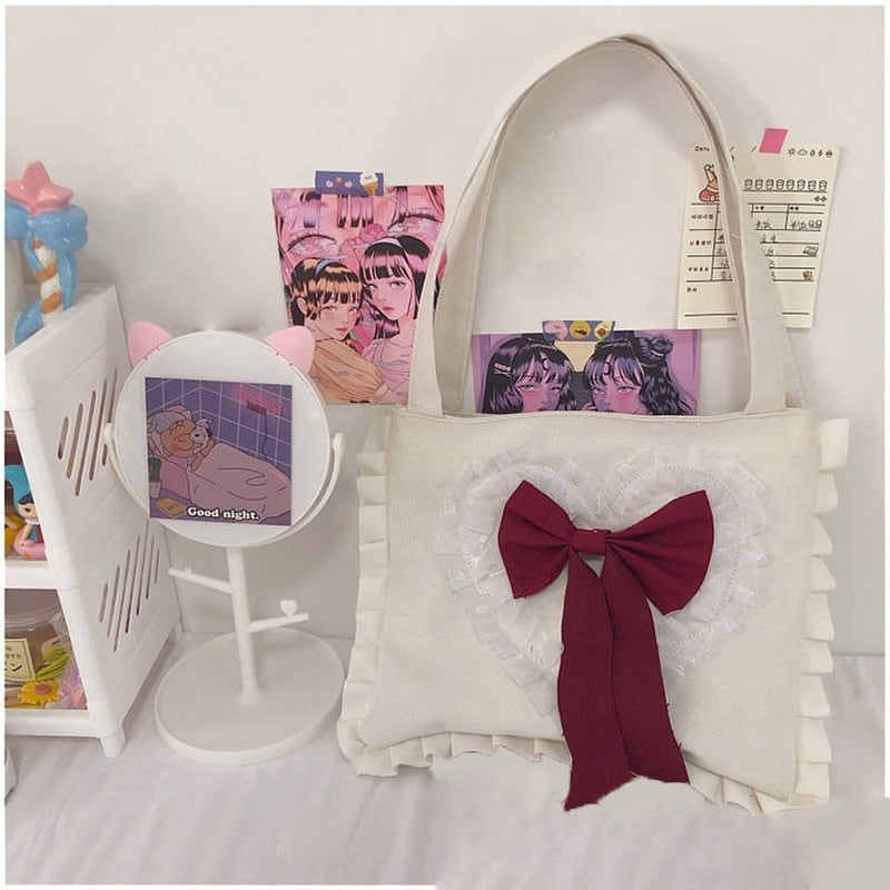 Cyflymder Harajuku Shoulder Bag Women Cute Japanese JK Lolita Style Bow Ruffles Canvas Bag Big Shopper With Zipper Woman Purse