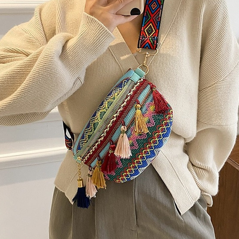 Cyflymder Women Folk Style Waist Bags with Adjustable Strap Variegated Color Fanny Pack with Fringe Decor Pochete Feminina Ri?onera Belt