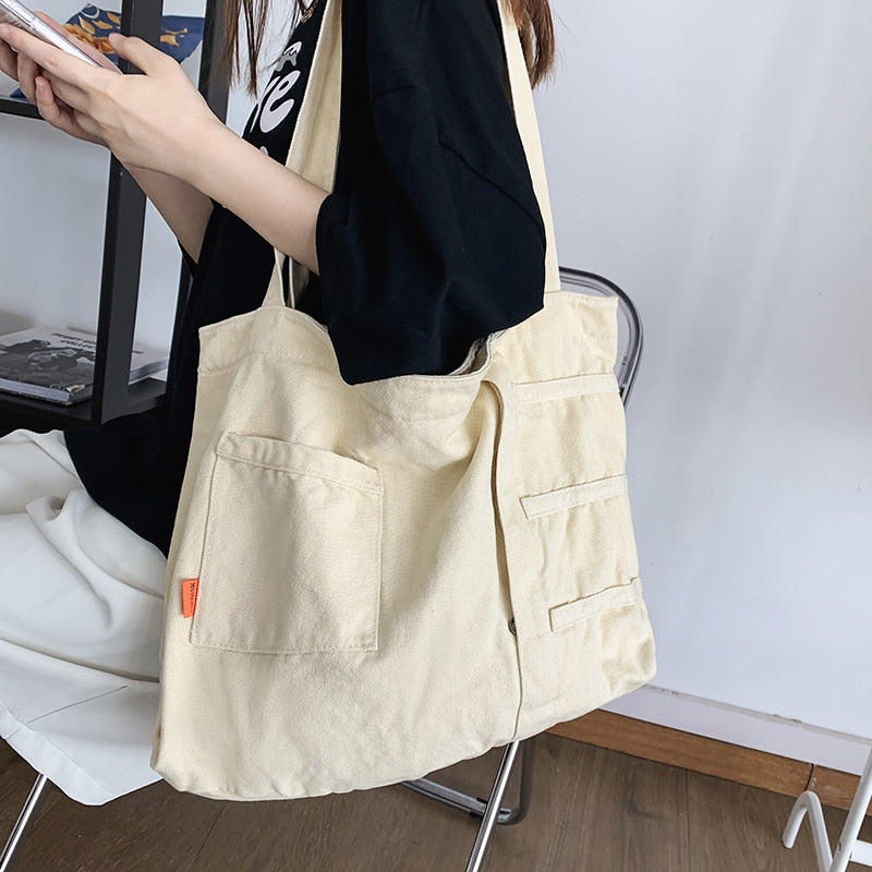 Cyflymder New Fashion Women Bag Large Capacity Casual Shoulder Bags Solid Color Daily Shopping Bags Canvas Students Schoolbag