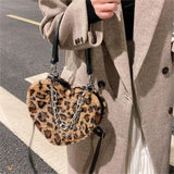 Cyflymder Love Heart Shape Women's Faux Fur Shoulder Bags Stitching Check Pattern Ladies Purse Handbags Females Plush Chain Underarm Bag