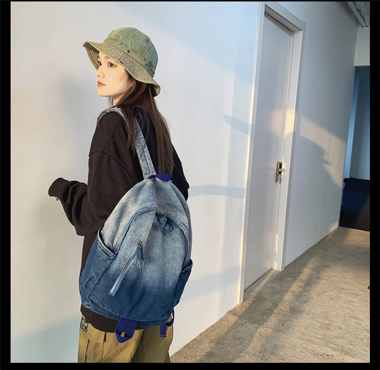Cyflymder Women's Bag Trend Gradient Denim Fabric Women's Backpack Men's Fashion Travel Backpack Unisex Student Bag Mochilas Escolare