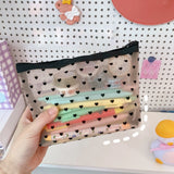 Cyflymder Fashion Mesh Cosmetic Makeup Bags Case Holder Pouch Convenient To Carry Transparent Zipper Black Heart Printed Pencil Pen Case