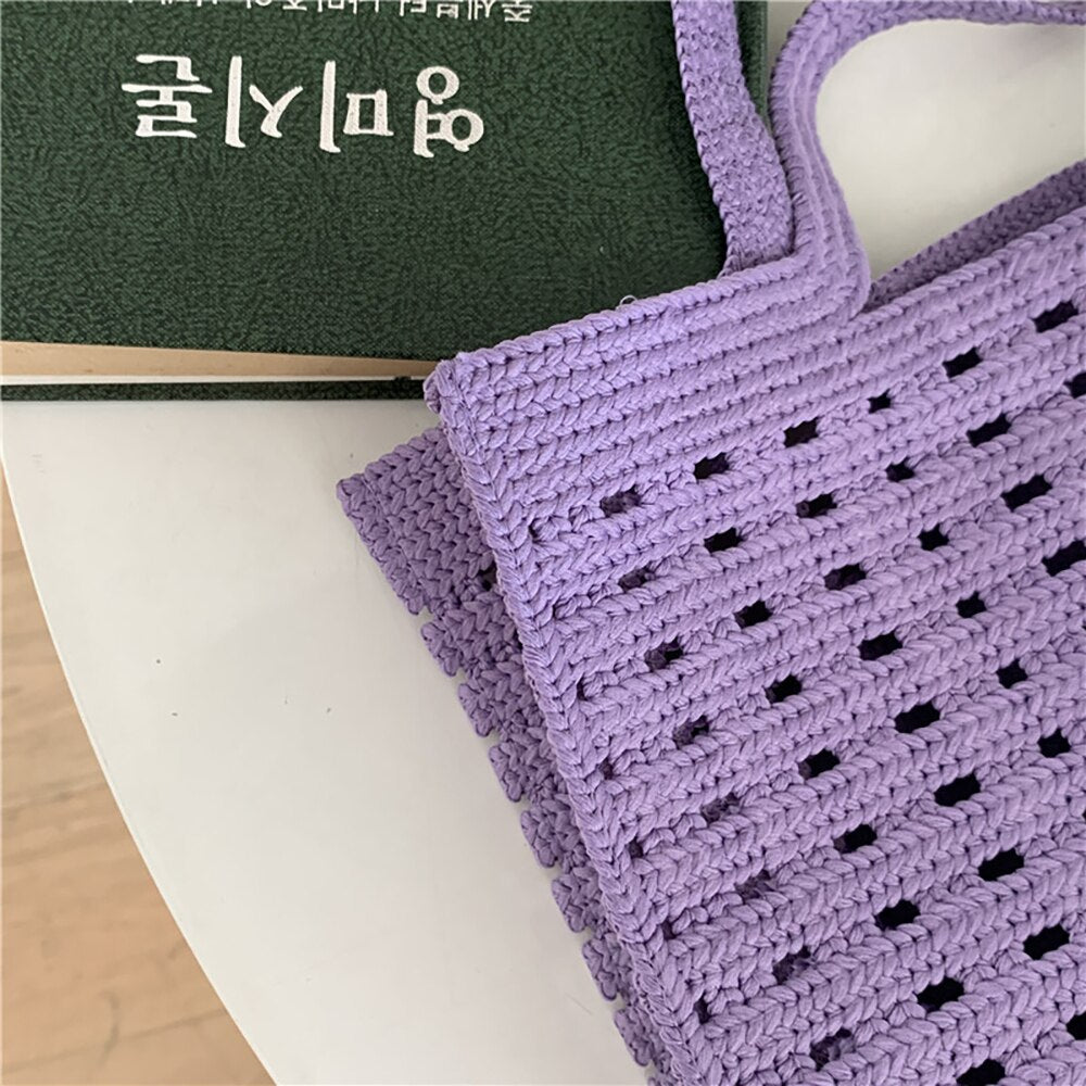 Cyflymder Handbags Shopping Women Bag Totes Female Hollow Out Crochet Spring Summer Hand-woven Hollow-out Fashion Tote Purple Bags