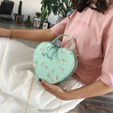 Cyflymder Female Sweet Lace Heart Round Handbags High Quality PU Leather Cross Body Bags for Women Small Fresh Flower Chain Shoulder Bags