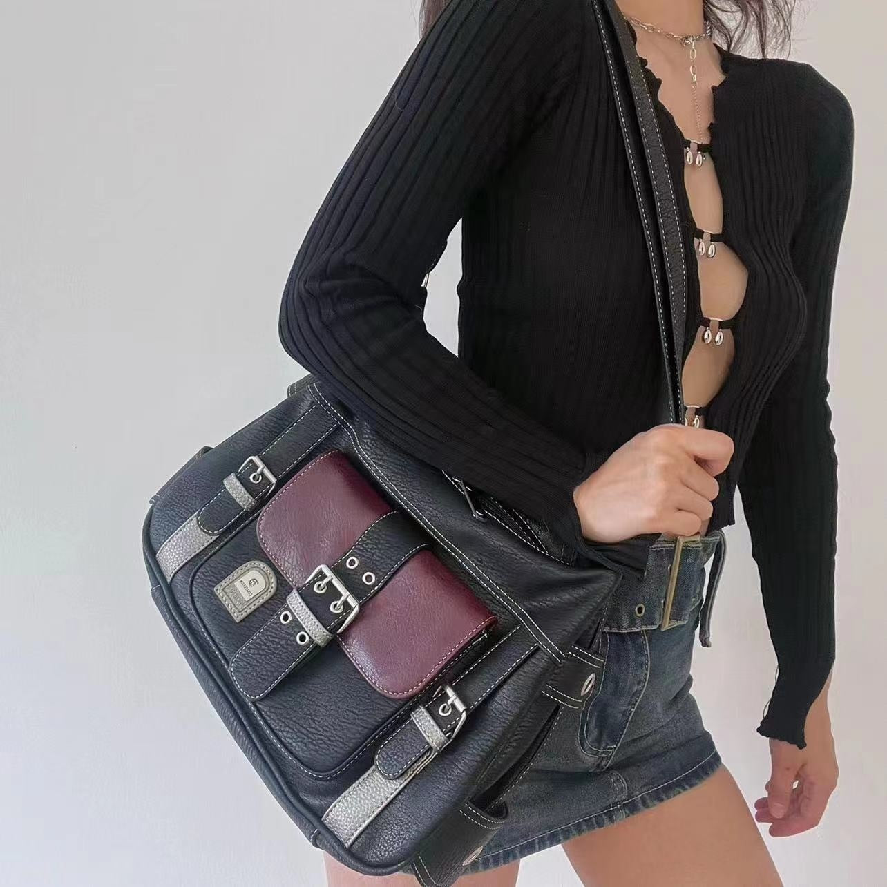 Cyflymder Vintage High Quality PU Leather Shoulder Bag tote Women's Hip hop Messenger Bag Large Capacity Handbag Commuter Bag Female