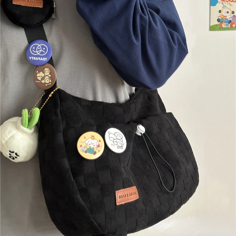 Cyflymder Harajuku Style College Crossbody Bag Solid Color Plaid Print Large Capacity Shoulder Bag New Cute Fashion Designer Handbag