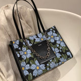 Fashion Large Capacity Shoulder Bag Flower Print Letter Chain Pu Leather Handbag New Garden Style Vintage Elegant Tote Bag