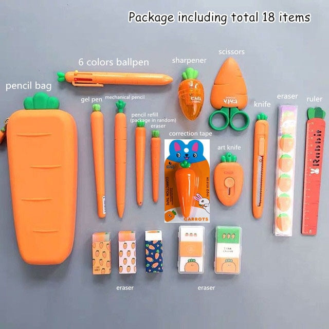 Cyflymder Creative Carrot Series Silicone Soft Pencil Case Penholder Organizer Bag Kawaii Stationery Set Kids Birthday Gift