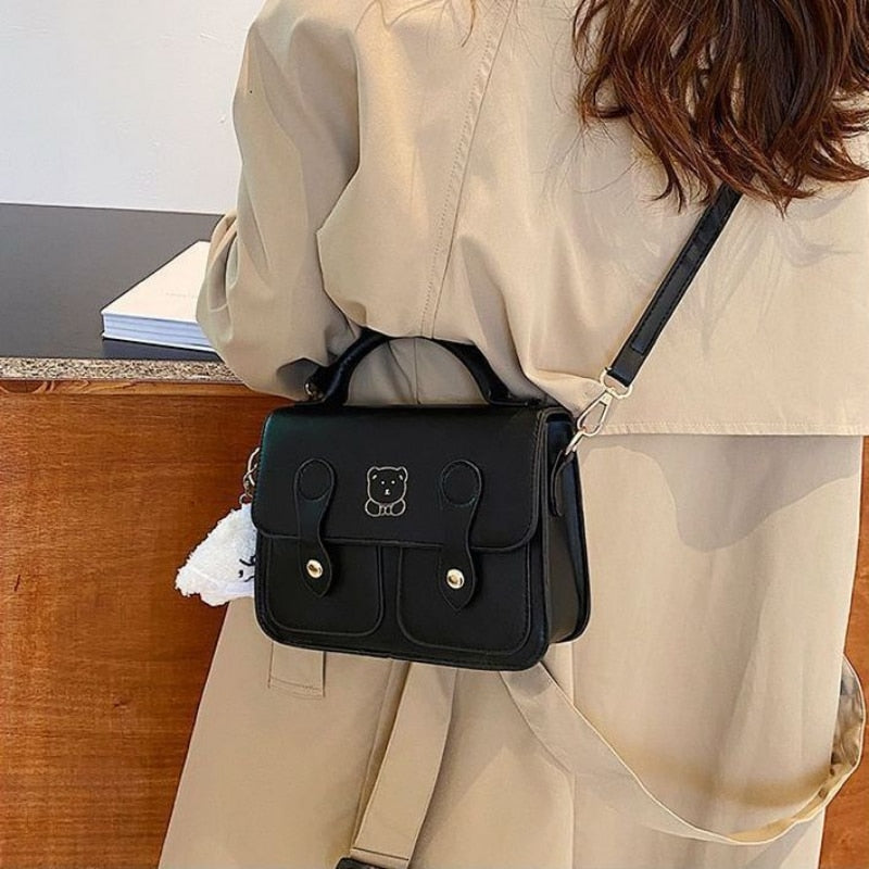 Cyflymder Vintage Bear Print Handbags for Women Trendyol Cute Shoulder Bag Elegant Academy Japanese All-match Messenger Bag