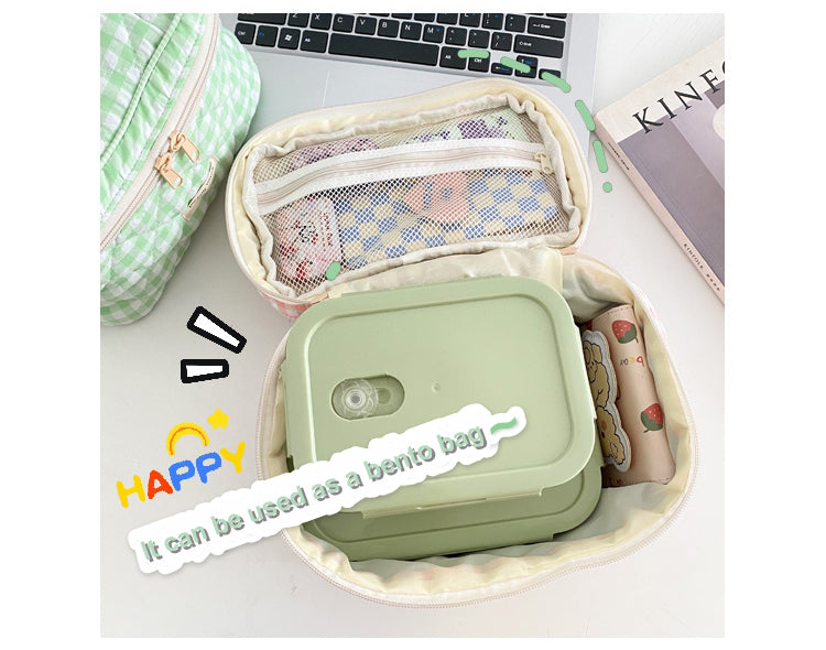 Cyflymder Plaid Pattern Toiletries Case Flip Makeup Bag With Zipper Quilted Cotton Cosmetics Storage Box For Woman And Girls