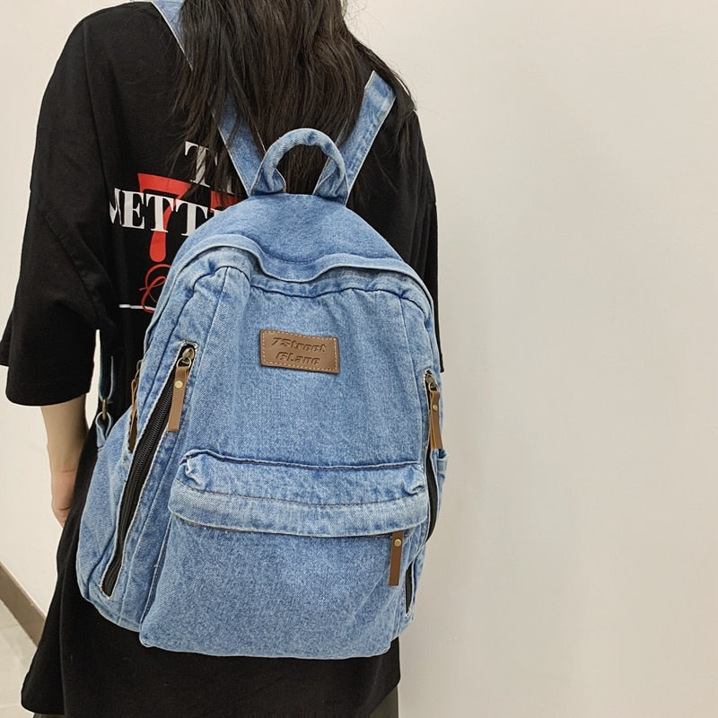 Cyflymder Washed Denim Fashion Backpacks For Women 2023 Latest Trend Student School Bag Multi Pockets Large Capacity Blue Rucksack Mochila