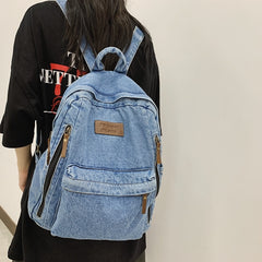Cyflymder Washed Denim Fashion Backpacks For Women Latest Trend Student School Bag Multi Pockets Large Capacity Blue Rucksack Mochila