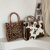 Cyflymder Top-Handle Bags Retro Cow Leopard Print PU Leather Plush Design Autumn Winter Fashion Small Women Small Handbags