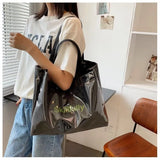 Cyflymder Women Canvas Shoulder Bag Ins Transparent PVC Skillfully Printing Large Capacity Reusable Tote Waterproof Shopping Bag For Girls