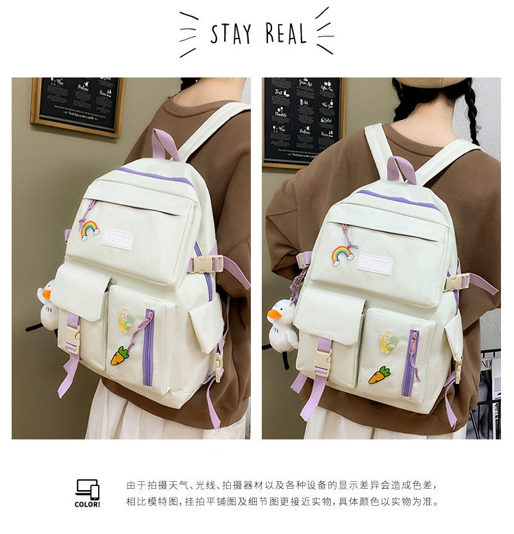 Cyflymder 4pcs Set Harajuku Women's Backpack Waterproof Canvas School Bags Large Capacity Student Backpack Bookbag Pure Color Mochila Tote