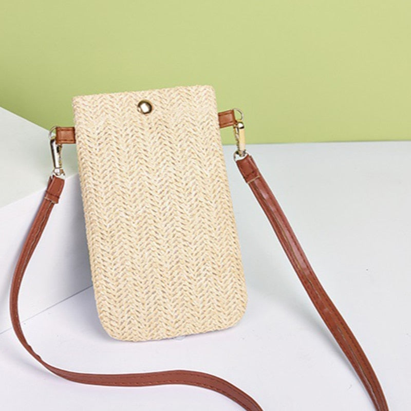 Cyflymder Fashion Woven Straw Ladies Crossbody Messenger Bag Summer Bohemia Beach Rattan Shoulder Pack Small Solid Mobile Phone Coin Purse