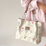 Cyflymder Women's Large Capacity Tote Bag Retro Flower Print Female Shoulder Bag Vintage Design Ladies Chain Commuter Bags Flora Handbags