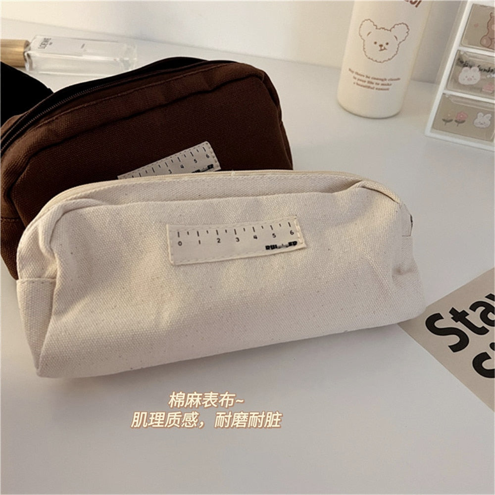Cyflymder Japanese Ins Style Black And Beige Cosmetic Pencil Case Korea Junior High School Canvas Writing Pencilcase Pen Bag For Girls