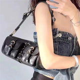 Cyflymder Vintage Black Women Cylinder Underarm Bags Double Pocket Design Ladies Shoulder Bag Fashion Female PU Leather Purse Handbags