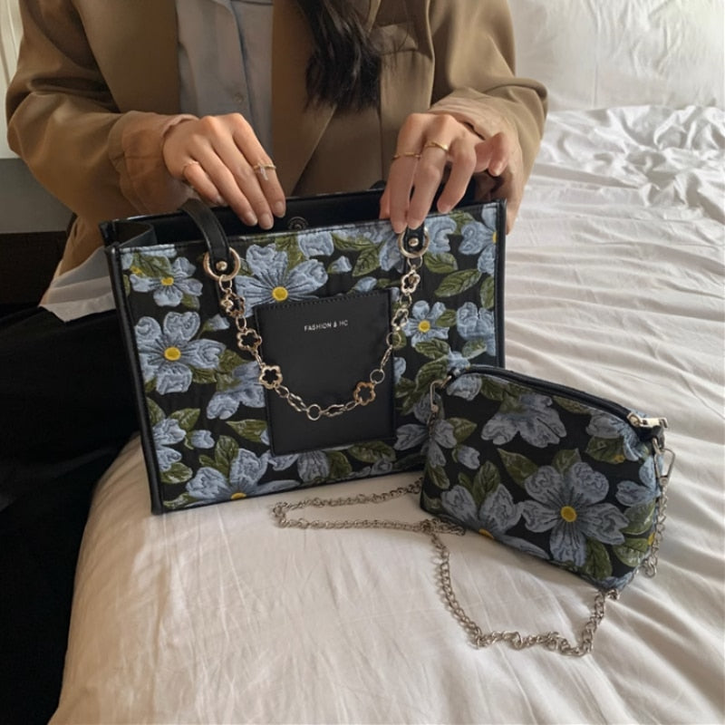 Fashion Large Capacity Shoulder Bag Flower Print Letter Chain Pu Leather Handbag New Garden Style Vintage Elegant Tote Bag