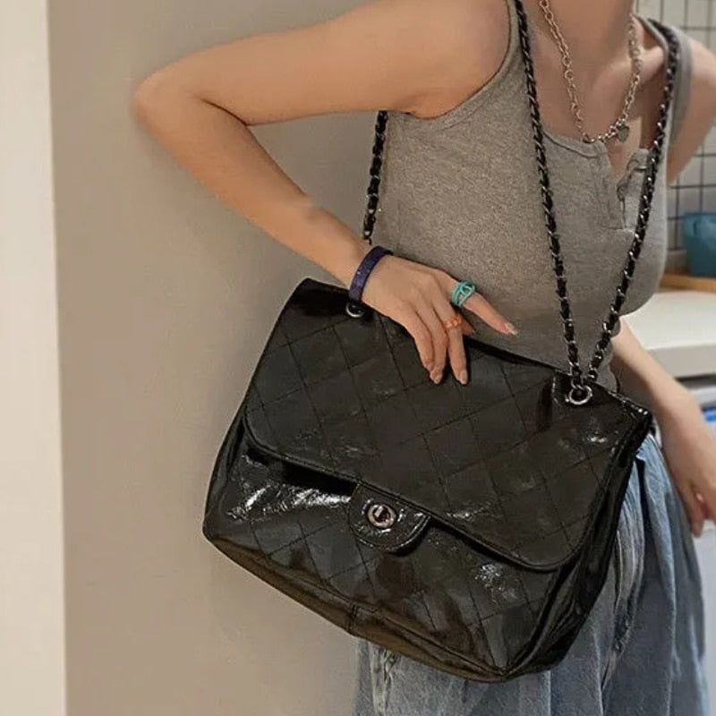 Cyflymder Fashion Vintage Shoulder Bag Pu Leather Solid Color Diamond Plaid Chain Handbag New Large Capacity Korean Style Stray Bag