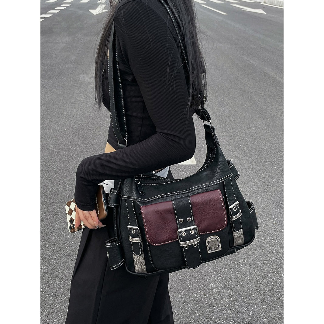 Cyflymder Vintage High Quality PU Leather Shoulder Bag tote Women's Hip hop Messenger Bag Large Capacity Handbag Commuter Bag Female