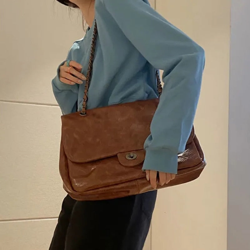 Cyflymder Fashion Vintage Shoulder Bag Pu Leather Solid Color Diamond Plaid Chain Handbag New Large Capacity Korean Style Stray Bag