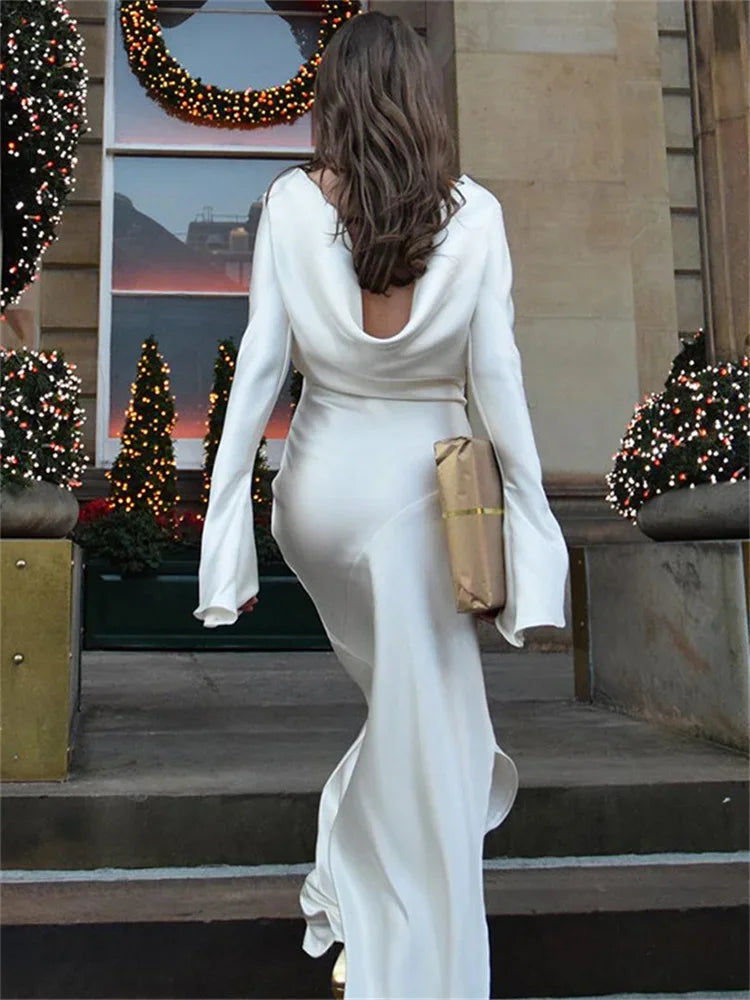Cyflymder Fashion Satin Backless Long Dress For Women Slim Solid Patchwork High Waist Split Long Sleeve Elegant Dress Party Looks