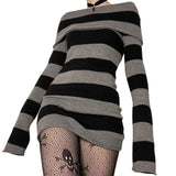 Cyflymder Y2K Striped Sweater Mini Dress Mall Goth Grunge Emo Bodycon Chic Women Off Shoulder Full Sleeve Slim Fit Dresses 00s Vintage