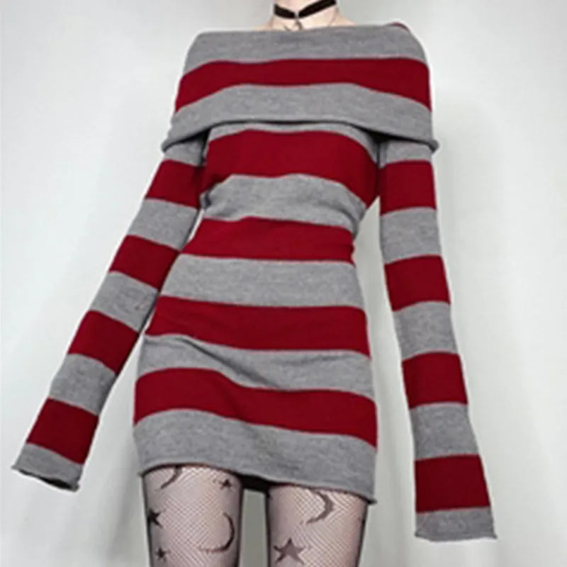 Cyflymder Y2K Striped Sweater Mini Dress Mall Goth Grunge Emo Bodycon Chic Women Off Shoulder Full Sleeve Slim Fit Dresses 00s Vintage